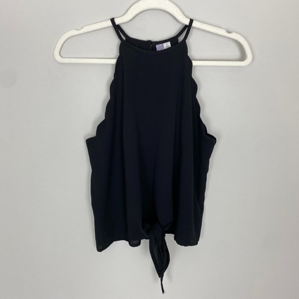 Alya Black Scalloped Cropped Tank Top Tie Front Black Womens Small